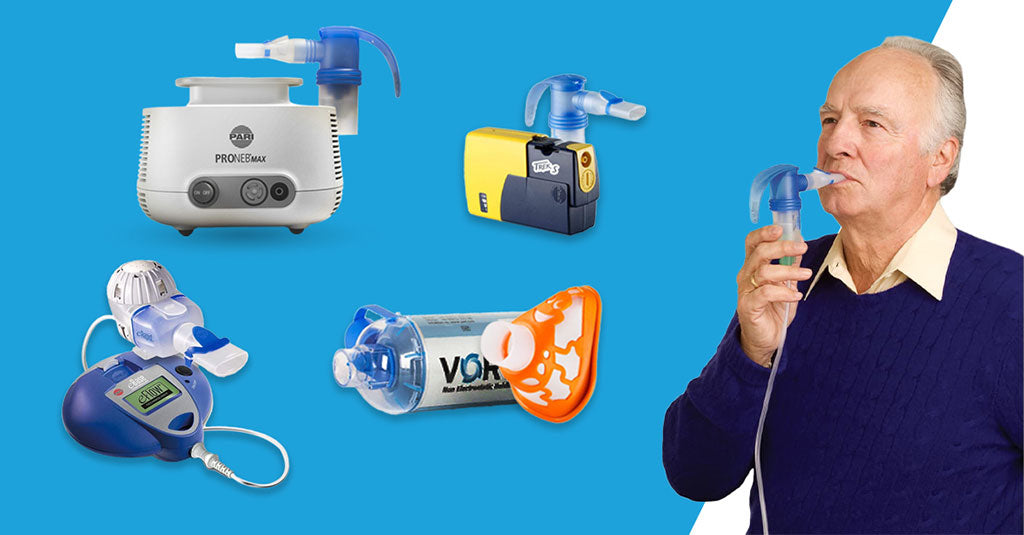 Man teaching how to use a nebulizer with all accessories