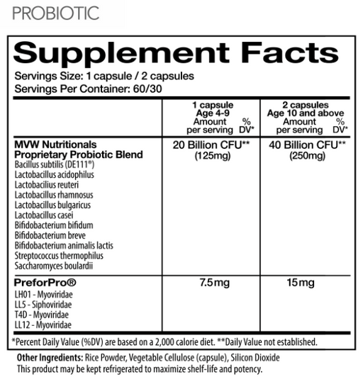 MVW Complete Formulation® PROBIOTIC Dietary Supplement 60ct nutritional facts