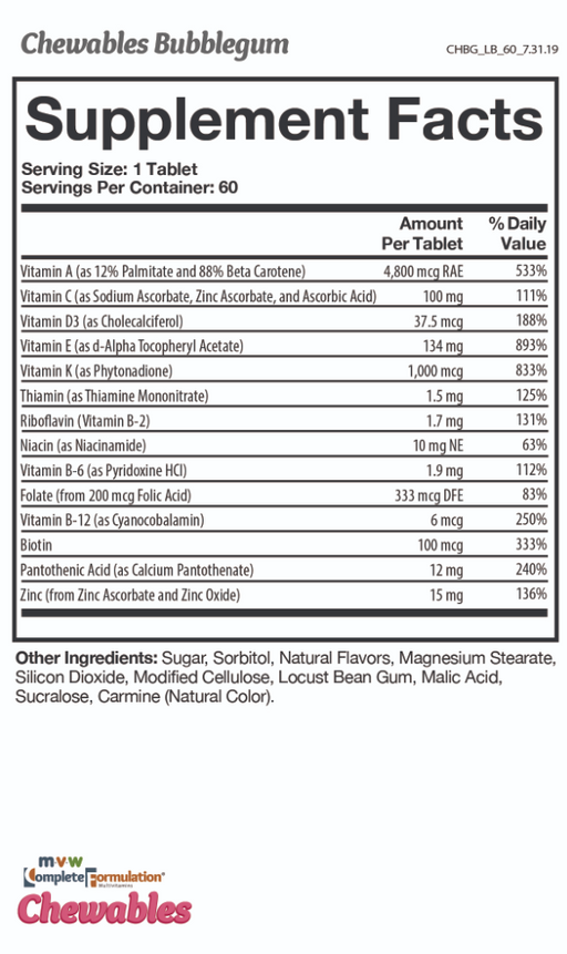 MVW Complete Formulation® Chewables - Bubblegum flavored nutritional facts