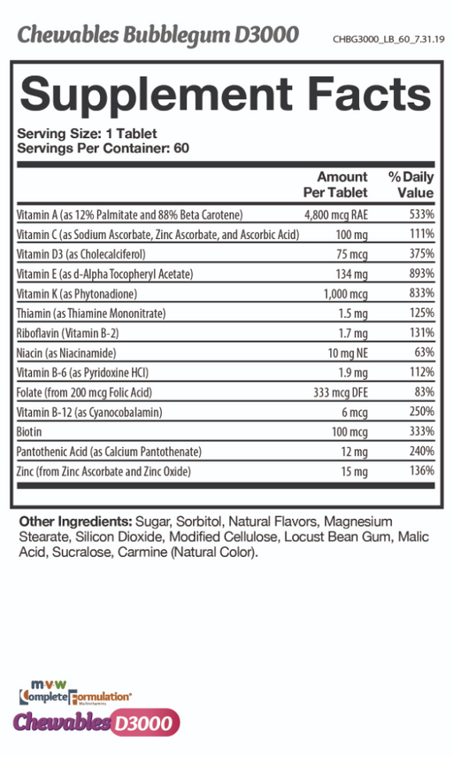 MVW Complete Formulation® D3000 Chewables - Bubblegum flavored nutritional facts