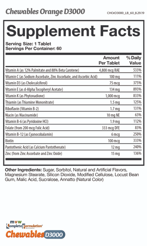 MVW Complete Formulation® D3000 Chewables - Orange flavored nutritional facts