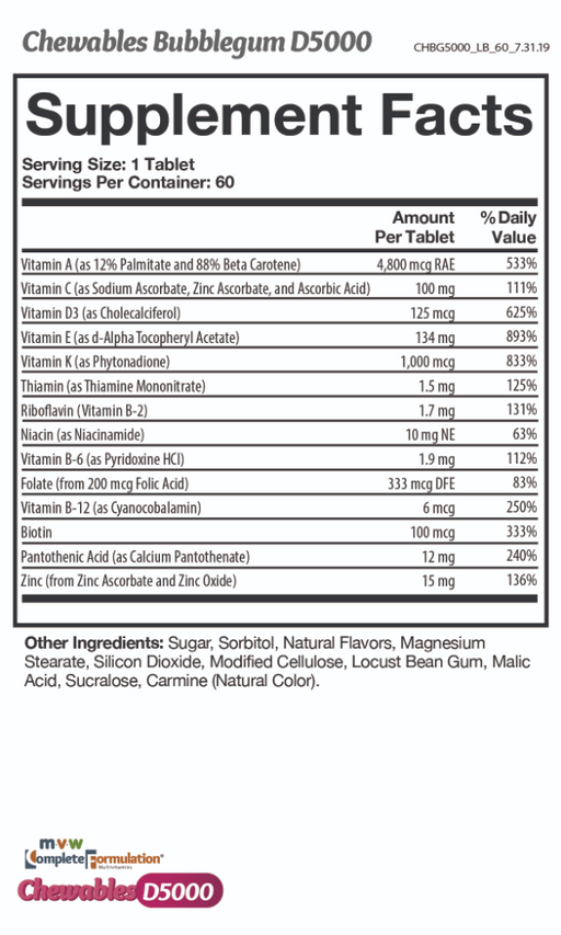 MVW Complete Formulation® D5000 Chewables - Bubblegum flavored nutritional facts