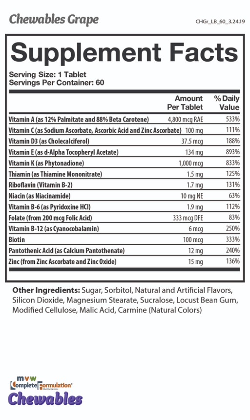 MVW Complete Formulation® Chewables - Grape flavored nutritional facts