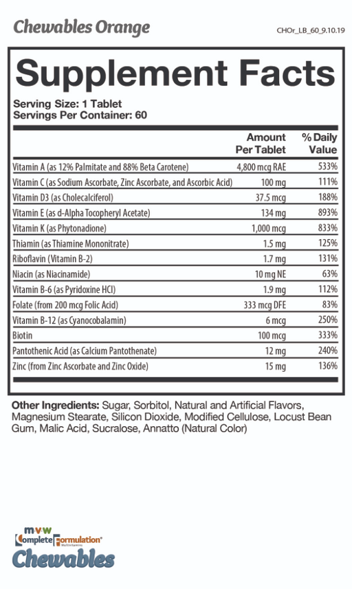 MVW Complete Formulation® Chewables - Orange flavored nutritional facts