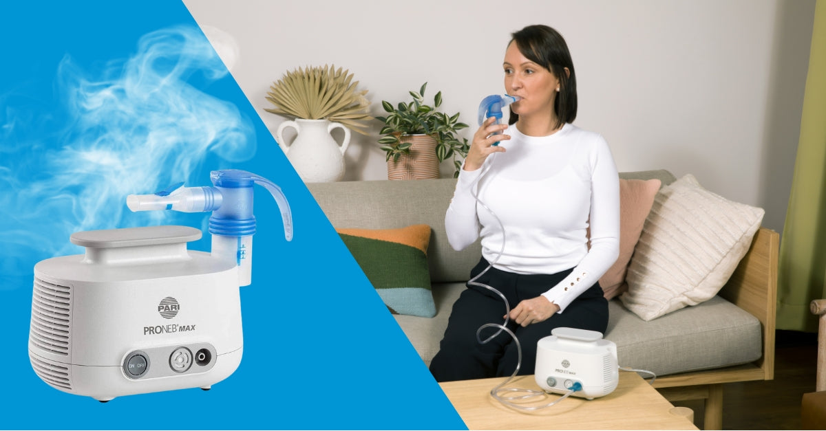 Woman sitting on couch using a PARI PRONEB Max Compressor