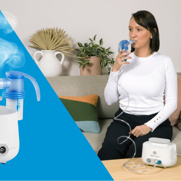 Woman sitting on couch using a PARI PRONEB Max Compressor