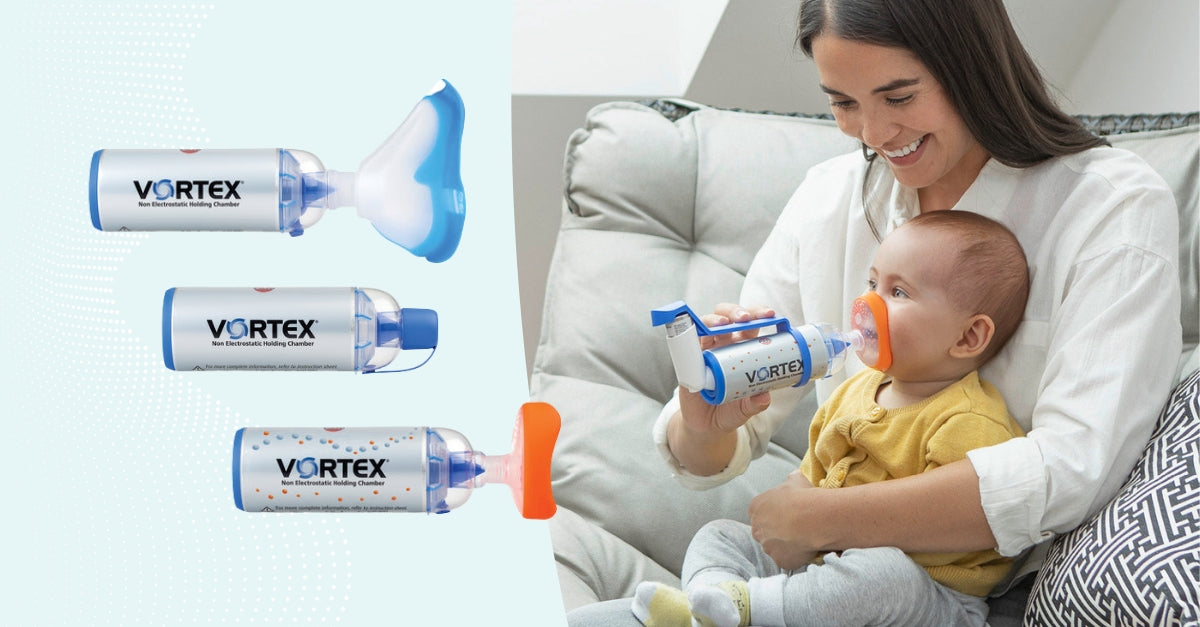 Mom using handheld Vortex Holding Chamber on infant baby