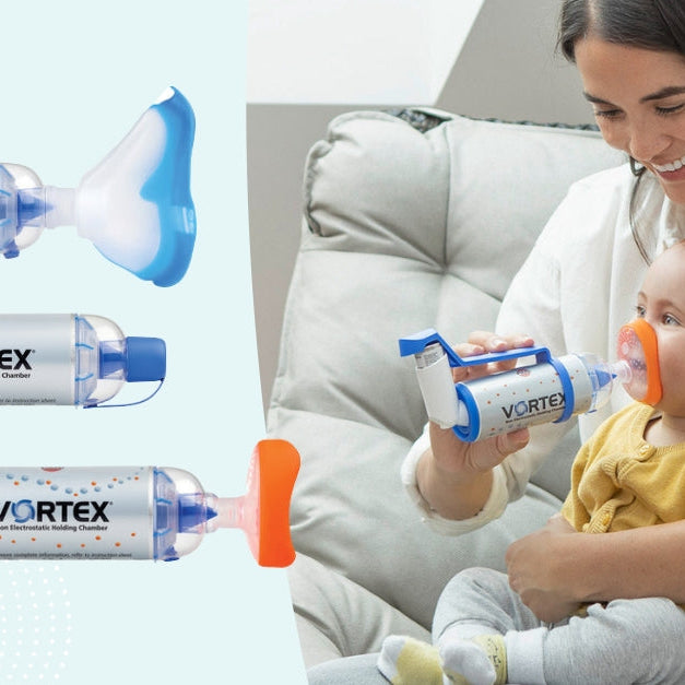 Mom using handheld Vortex Holding Chamber on infant baby