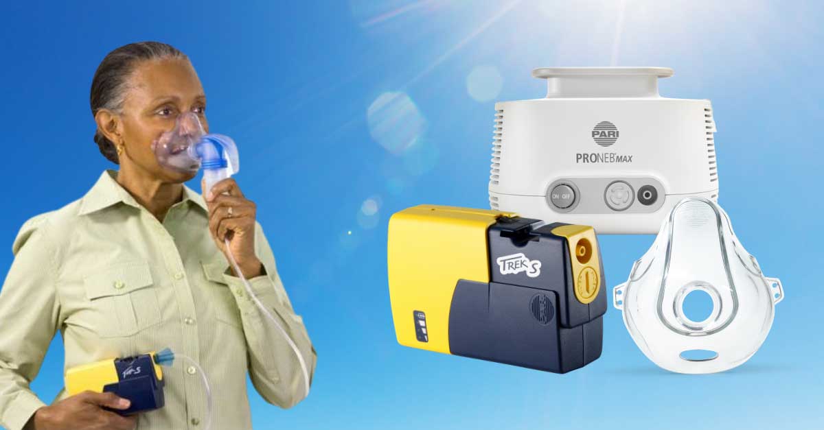 Woman breathing into a nebulizer system