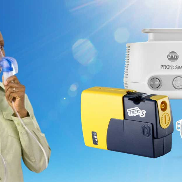 Woman breathing into a nebulizer system