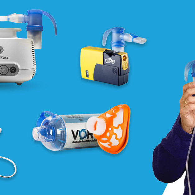 Man teaching how to use a nebulizer with all accessories