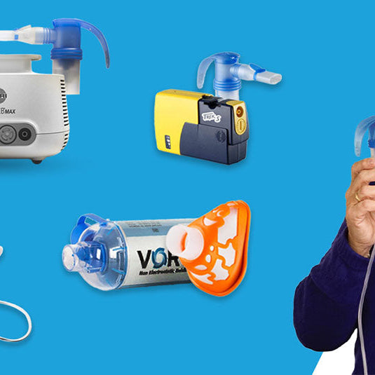 Man teaching how to use a nebulizer with all accessories