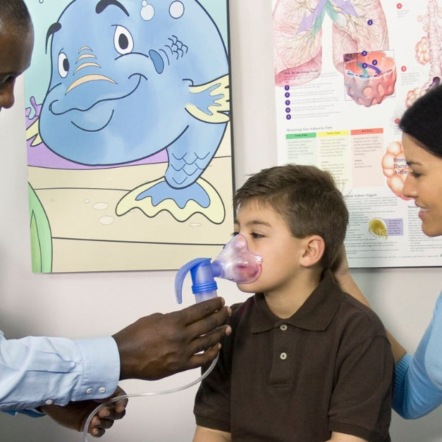 Alt text: "Doctor fitting a young boy with a nebulizer mask in an exam room, with his mother by his side.