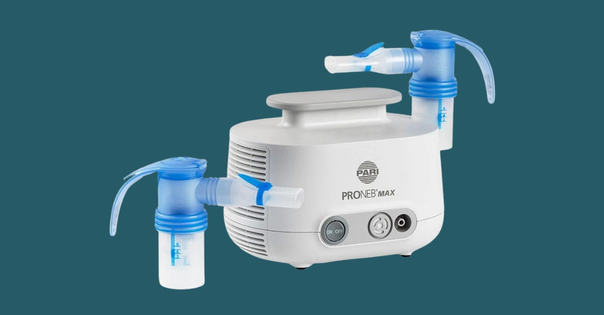 PARI PRONEB Max nebulizer system against a teal background.