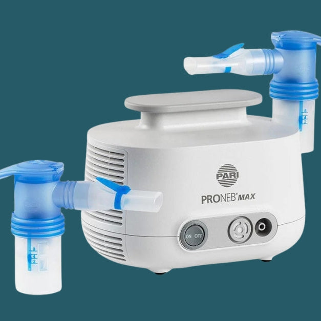 PARI PRONEB Max nebulizer system against a teal background.