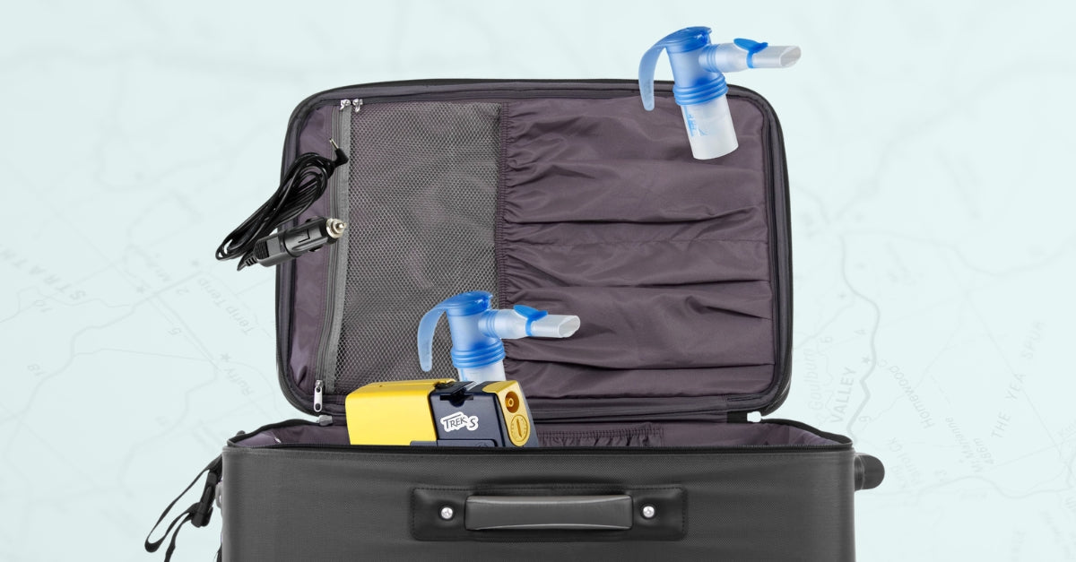 The PARI Trek S Portable Nebulizer System packed inside an open suitcase, with charger cable and second nebulizer attachment shown alongside.