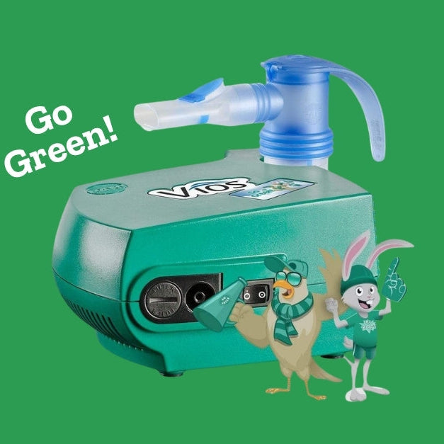 Teal Vios nebulizer machine with attached mouthpiece, accompanied by 'Go Green!' text and two cartoon mascots.