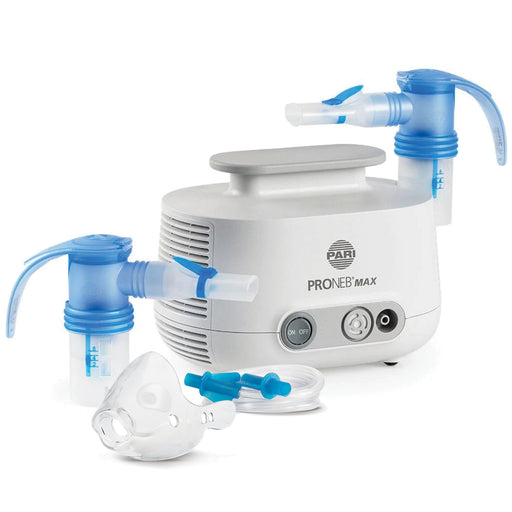 The full contents of this product including 2 reusable nebulizers, wing-tip tubing, and pediatric mask