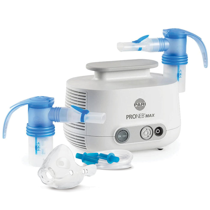 The full contents of this product including 2 reusable nebulizers, wing-tip tubing, and pediatric mask