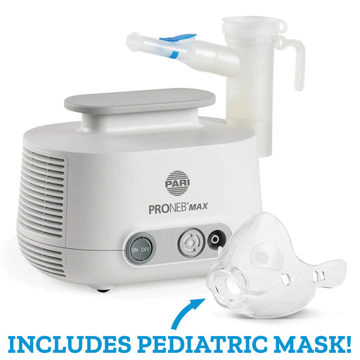 PARI PRONEB Max nebulizer machine in white with a clear pediatric mask and tubing accessory, shown on a white background with blue text reading 'INCLUDES PEDIATRIC MASK!'.