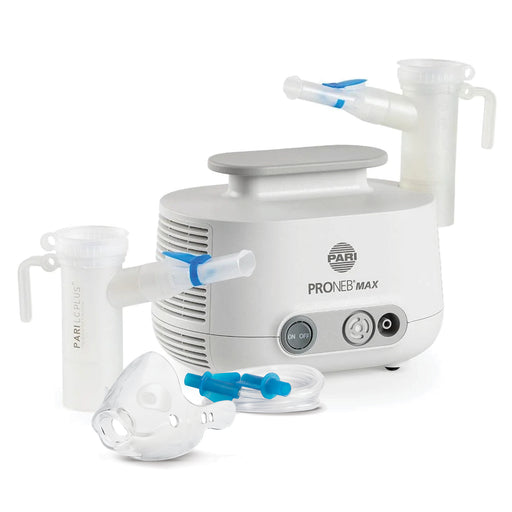 A PARI PRONEB Max nebulizer machine, shown with its clear pediatric face mask, two clear LC PLUS nebulizers with blue breath-actuated flaps, and wing-tip tubing
